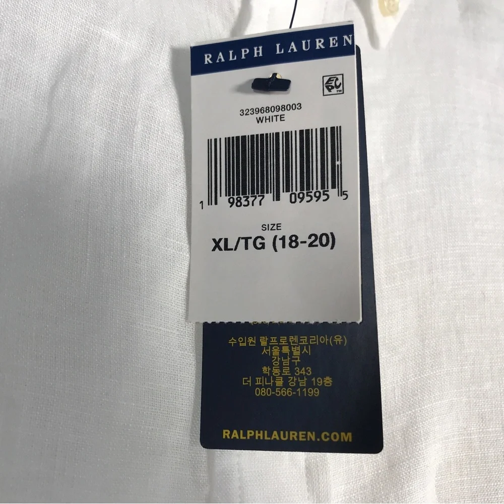 Ralph Lauren Linen Log Sleeve Button Up Shirt, Boy's Size XL 18/20 - White